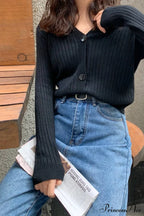 Cardigan Button With Ribbed V-Neckline