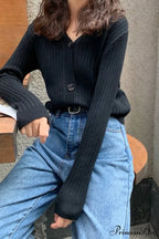 Cardigan Button With Ribbed V-Neckline
