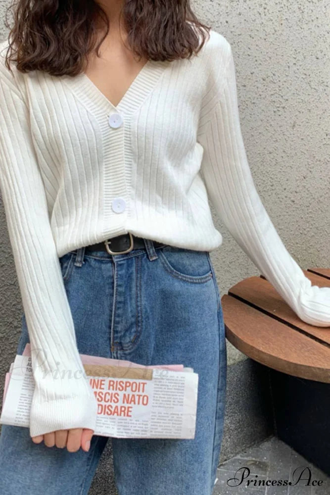 Cardigan Button With Ribbed V-Neckline