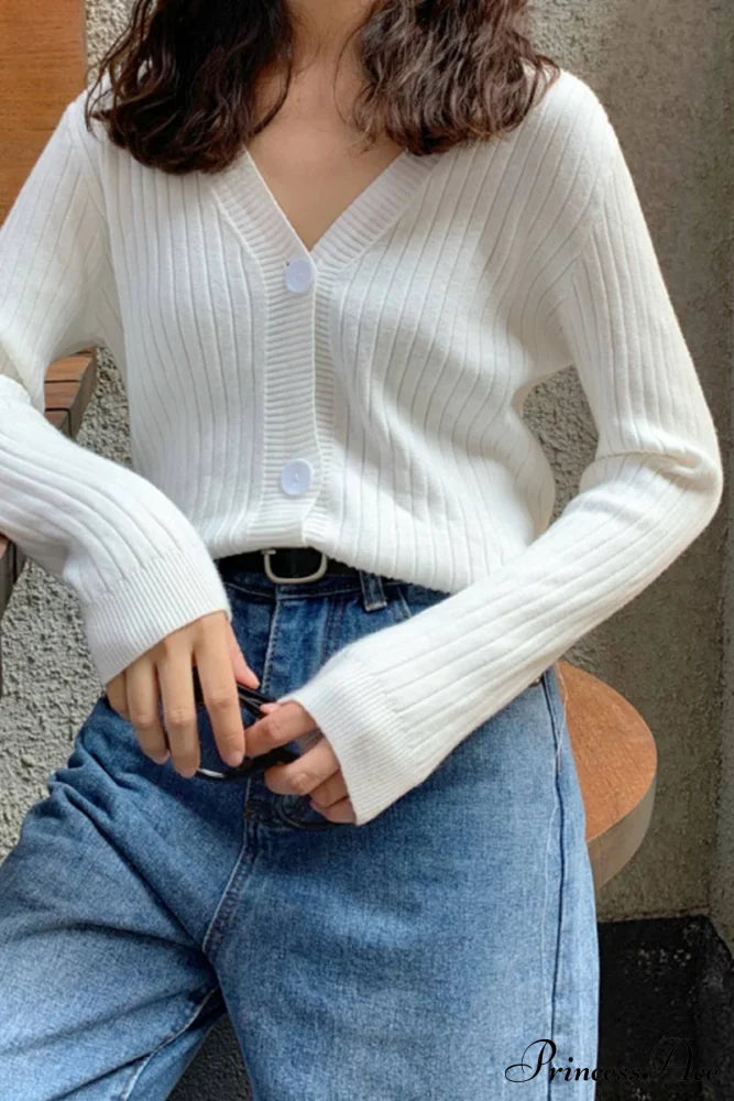 Cardigan Button With Ribbed V-Neckline