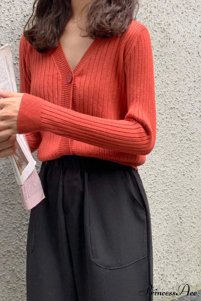 Cardigan Button With Ribbed V-Neckline