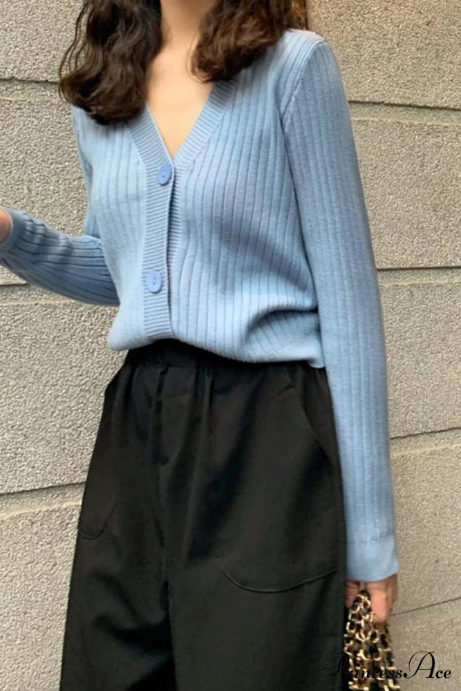 Cardigan Button With Ribbed V-Neckline