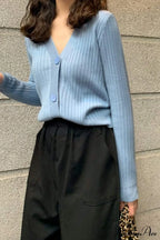Cardigan Button With Ribbed V-Neckline