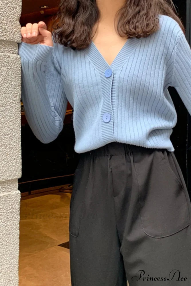 Cardigan Button With Ribbed V-Neckline