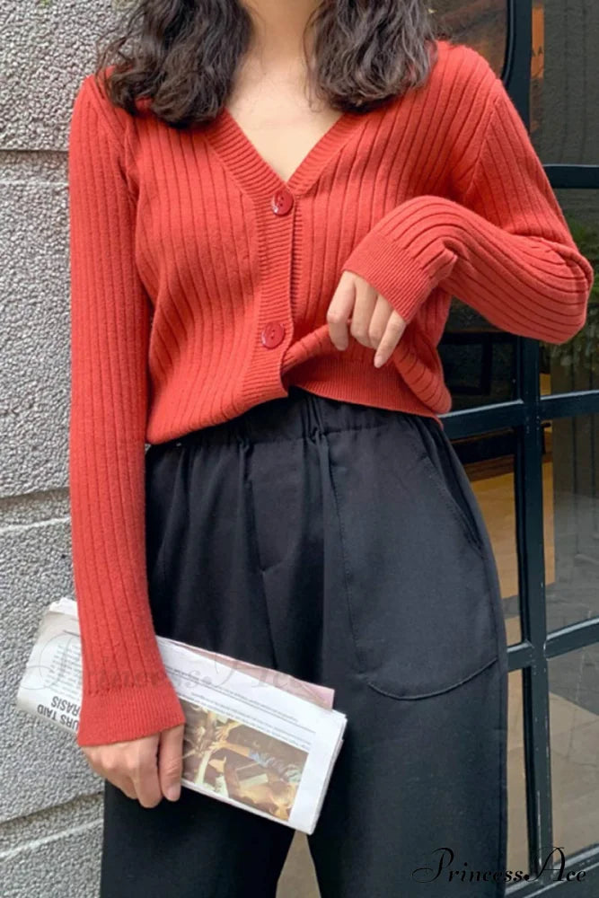 Cardigan Button With Ribbed V-Neckline