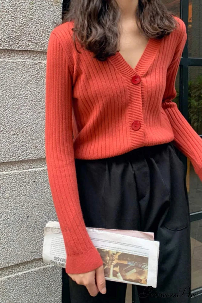 Cardigan Button With Ribbed V-Neckline
