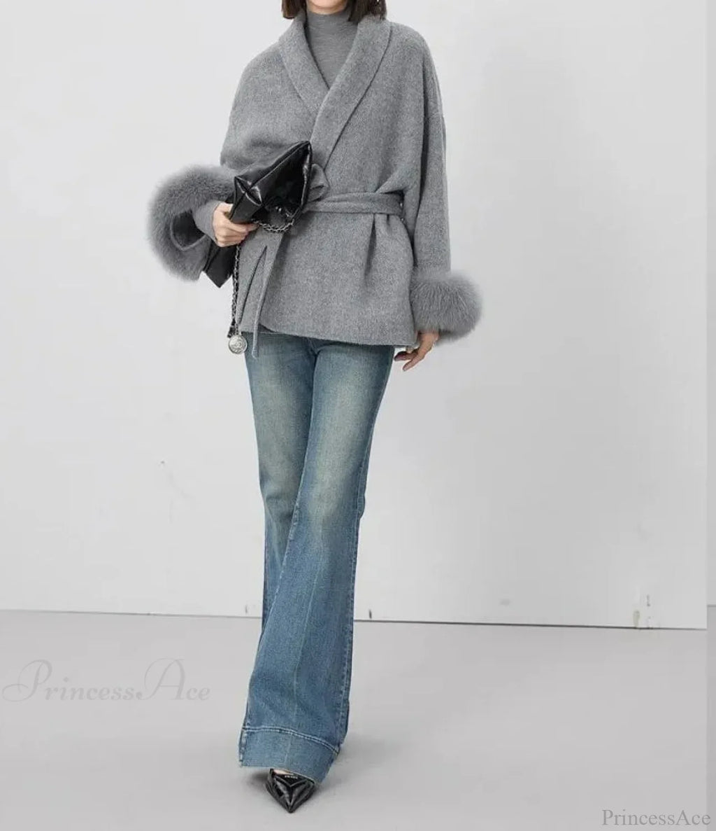 Cashmere Coat With Fur Cuffs Fox Overcoat