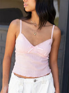 Casual Bow V-Neck Lace Tank Crop Top