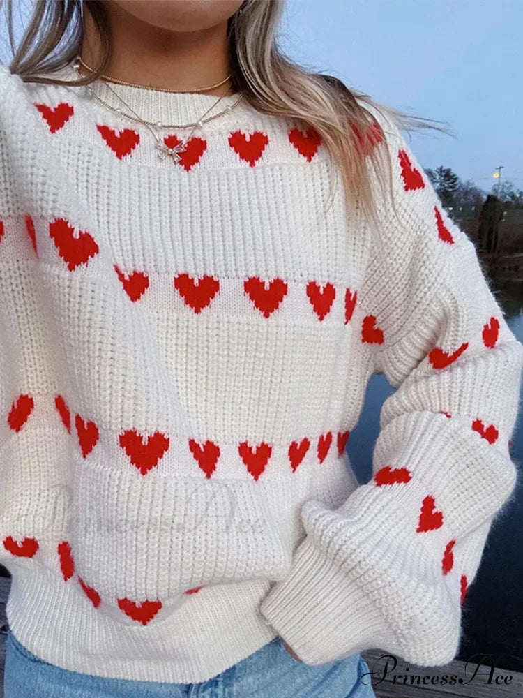 Casual Cozy Heart Print Loose O-Neck Long Sleeve Stylish Warm Sweater
