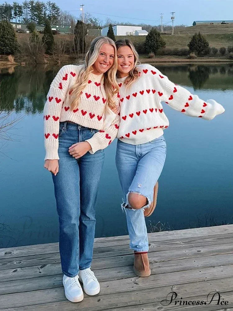 Casual Cozy Heart Print Loose O-Neck Long Sleeve Stylish Warm Sweater