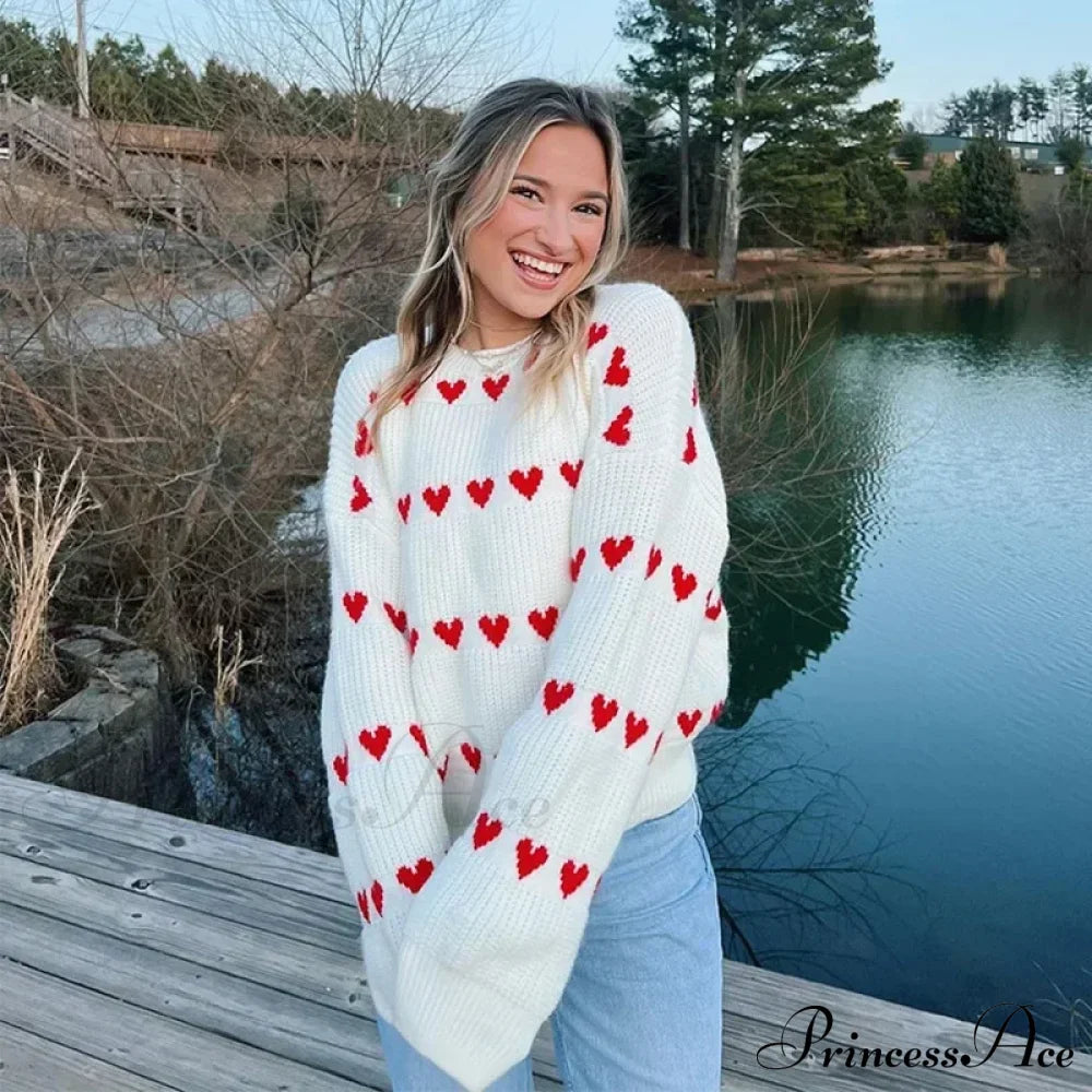 Casual Cozy Heart Print Loose O-Neck Long Sleeve Stylish Warm Sweater