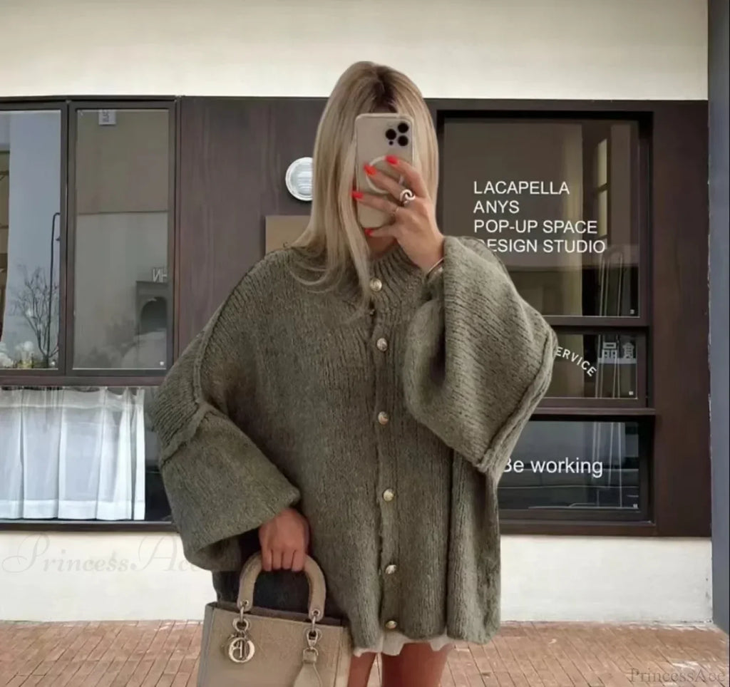 Casual Cozy Loose O-Neck Elegant Solid Comfortable Lantern Sleeve Stylish Sweater