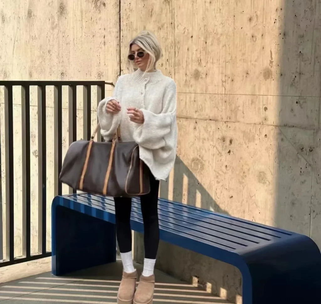 Casual Cozy Loose O-Neck Elegant Solid Comfortable Lantern Sleeve Stylish Sweater