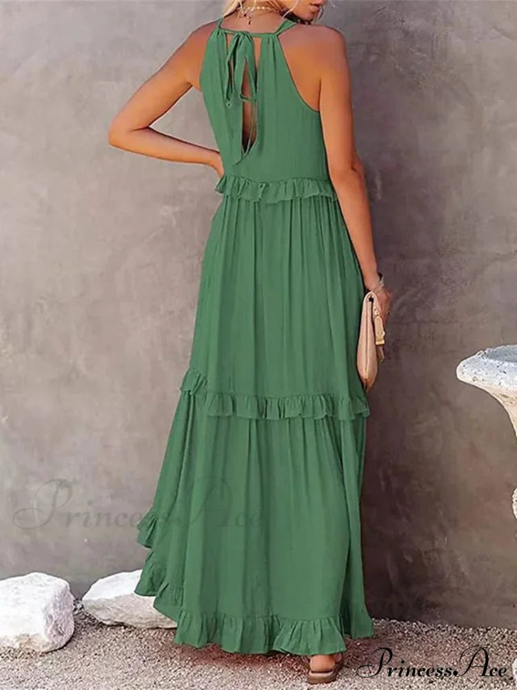 Casual Elegant Ruffle Halter Sleeveless Classic Party Outfits Beach Maxi Dress