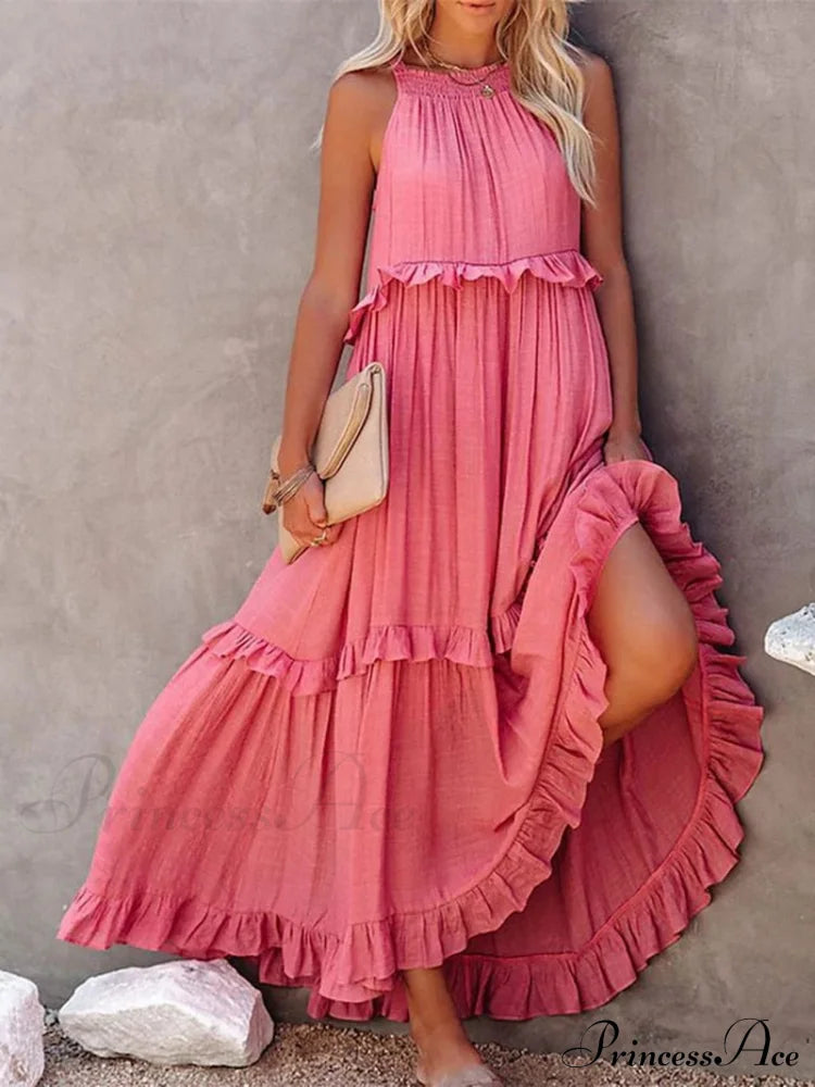 Casual Elegant Ruffle Halter Sleeveless Classic Party Outfits Beach Maxi Dress