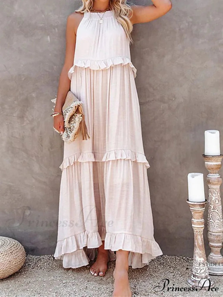 Casual Elegant Ruffle Halter Sleeveless Classic Party Outfits Beach Maxi Dress