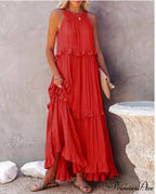 Casual Elegant Ruffle Halter Sleeveless Classic Party Outfits Beach Maxi Dress