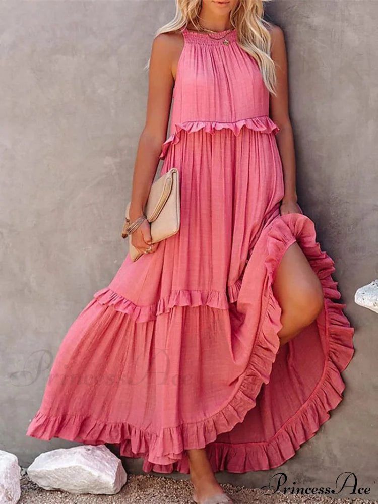 Casual Elegant Ruffle Halter Sleeveless Classic Party Outfits Beach Maxi Dress