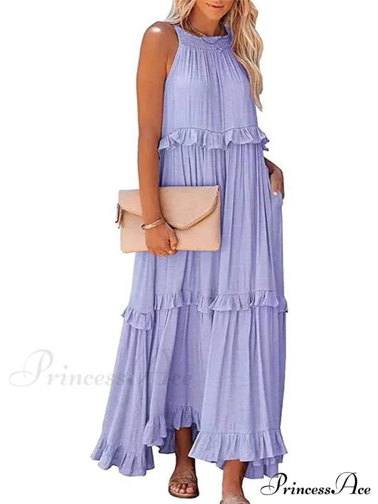 Casual Elegant Ruffle Halter Sleeveless Classic Party Outfits Beach Maxi Dress