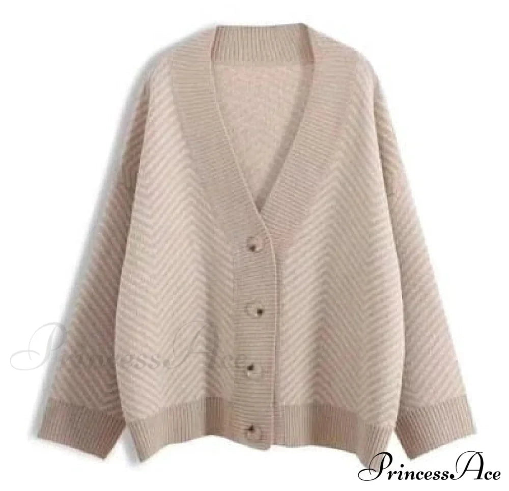 Casual Knitted Cardigan Oversize Button Front Contrast Stripe
