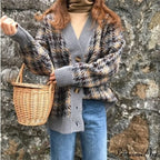 Casual Knitted Cardigan Oversize Button Front Contrast Stripe