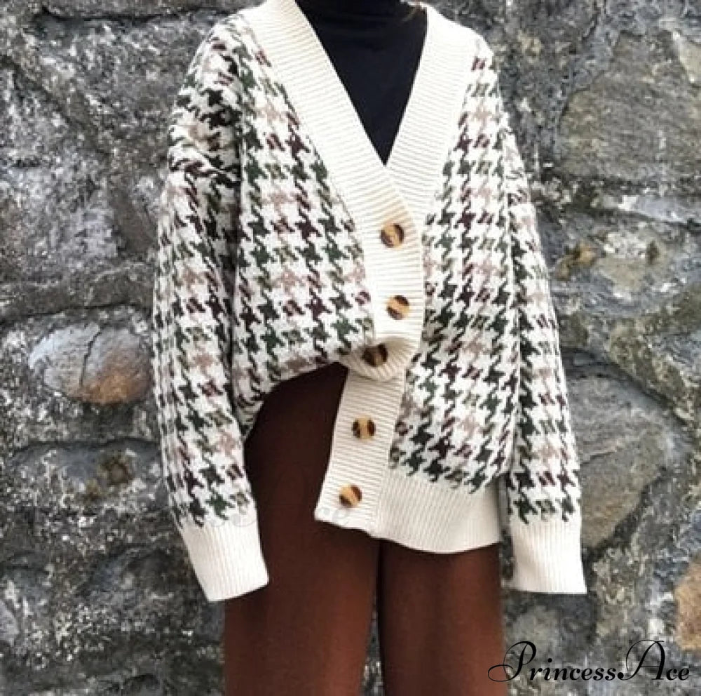 Casual Knitted Cardigan Oversize Button Front Contrast Stripe