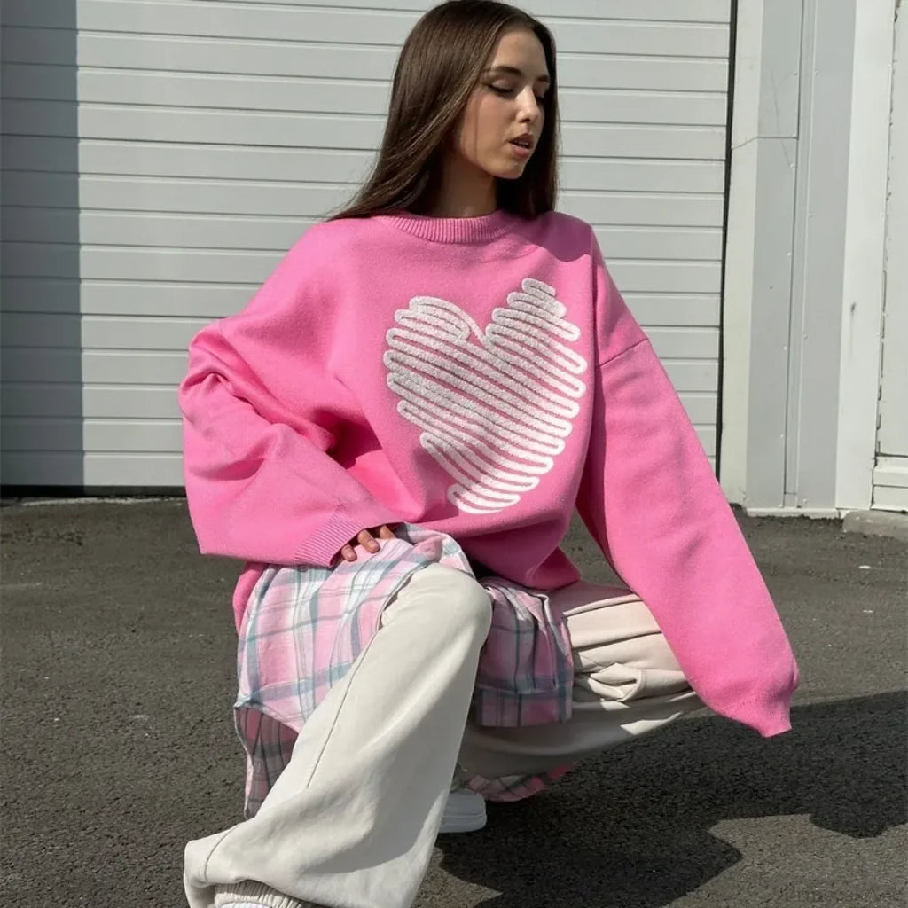 Casual Love Print O-Neck Long Sleeve Sweater