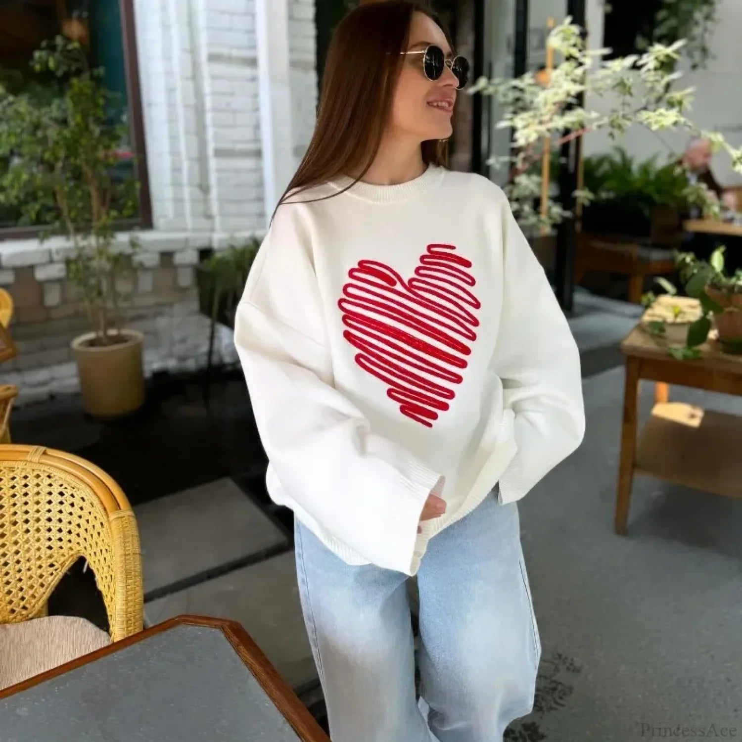 Casual Love Print O-Neck Long Sleeve Sweater