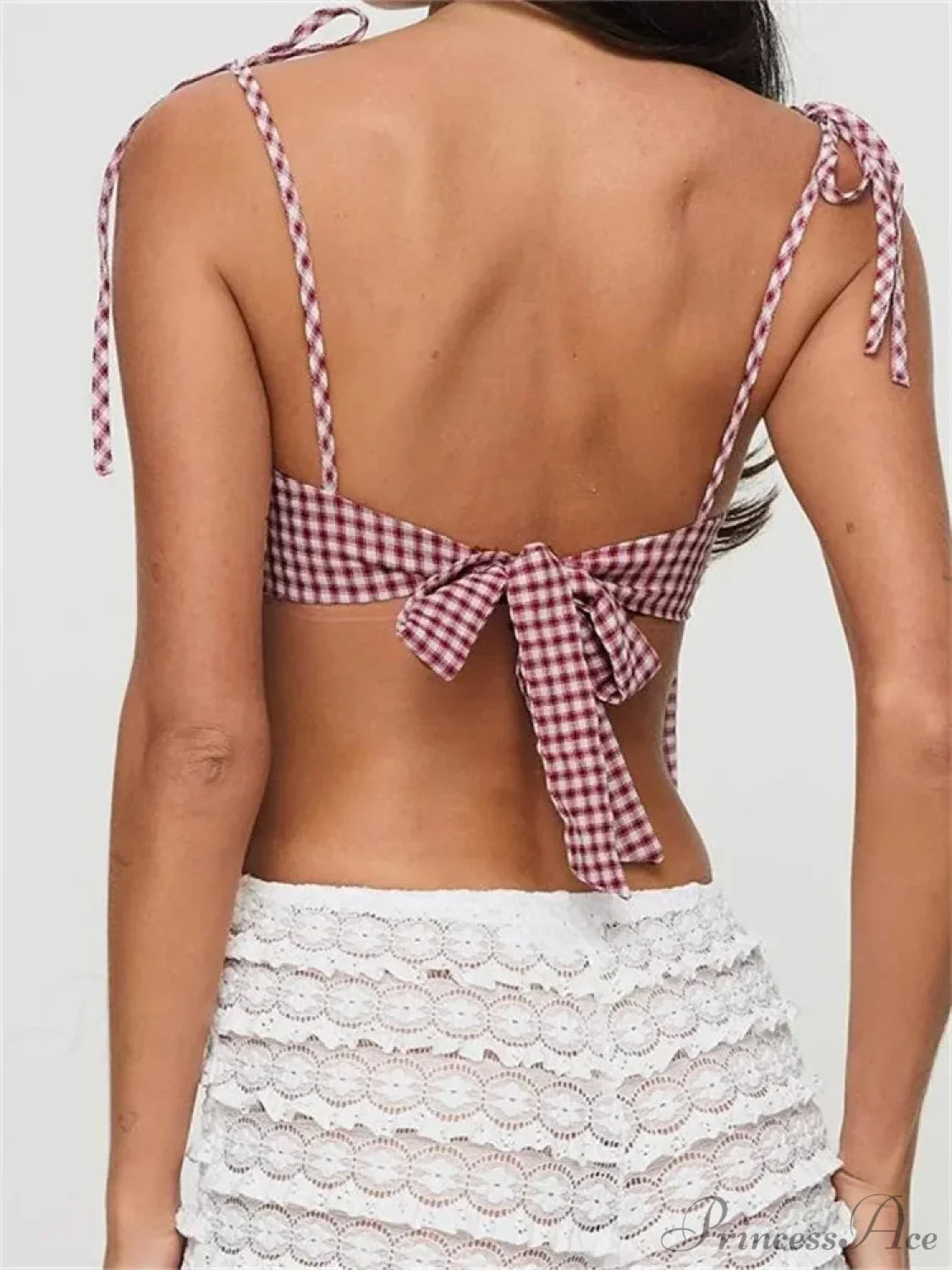 Casual Plaid Lace-Up Backless Strap Tank Crop Top