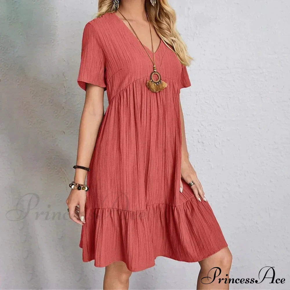 Casual Ruffle V Neck Midi Shift Dress For Women