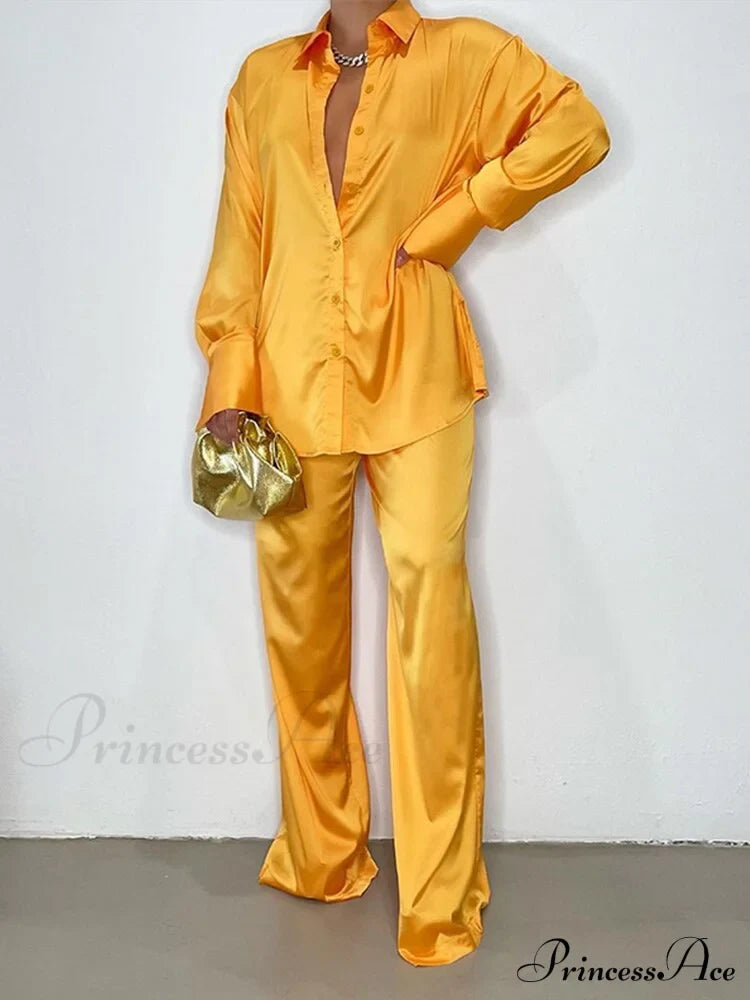 Casual - Set Elegant Long And With Outfit Wide Solid Two Piece Arm Blouse Leg Loose Satin Pants