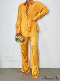 Casual - Set Elegant Long And With Outfit Wide Solid Two Piece Arm Blouse Leg Loose Satin Pants