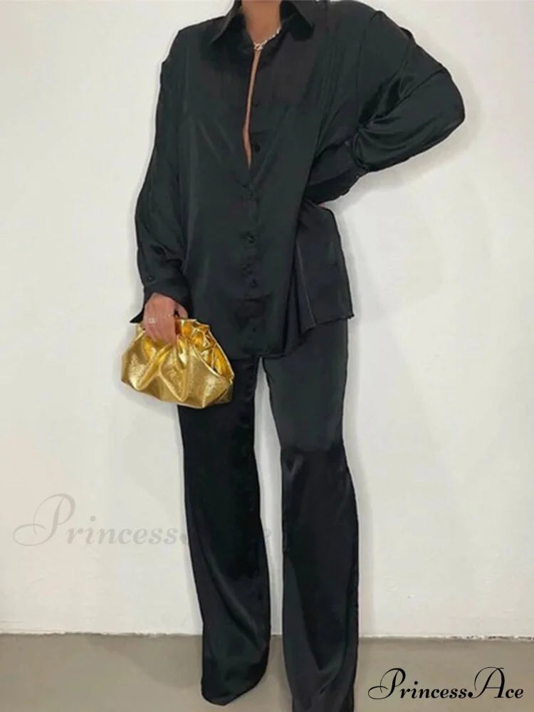 Casual - Set Elegant Long And With Outfit Wide Solid Two Piece Arm Blouse Leg Loose Satin Pants