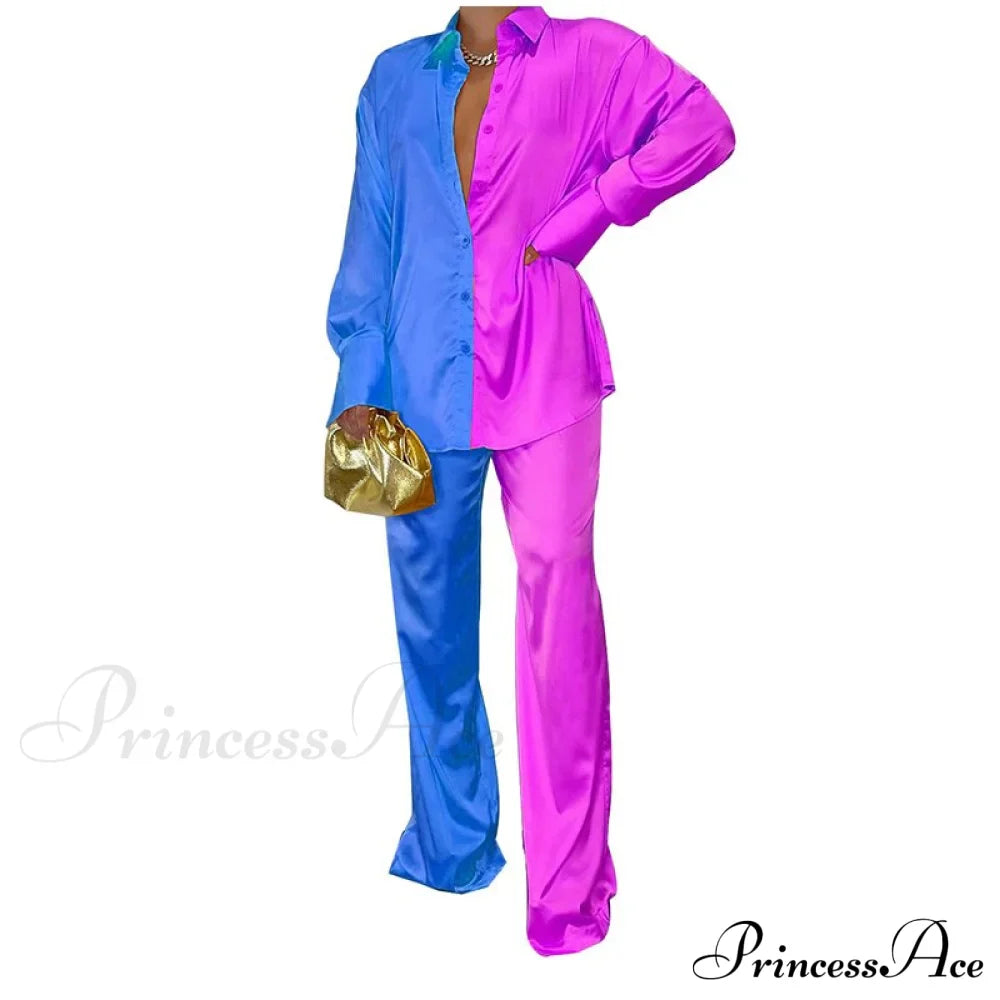 Casual - Set Elegant Long And With Outfit Wide Solid Two Piece Arm Blouse Leg Loose Satin Pants