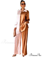 Casual - Set Elegant Long And With Outfit Wide Solid Two Piece Arm Blouse Leg Loose Satin Pants