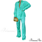 Casual - Set Elegant Long And With Outfit Wide Solid Two Piece Arm Blouse Leg Loose Satin Pants