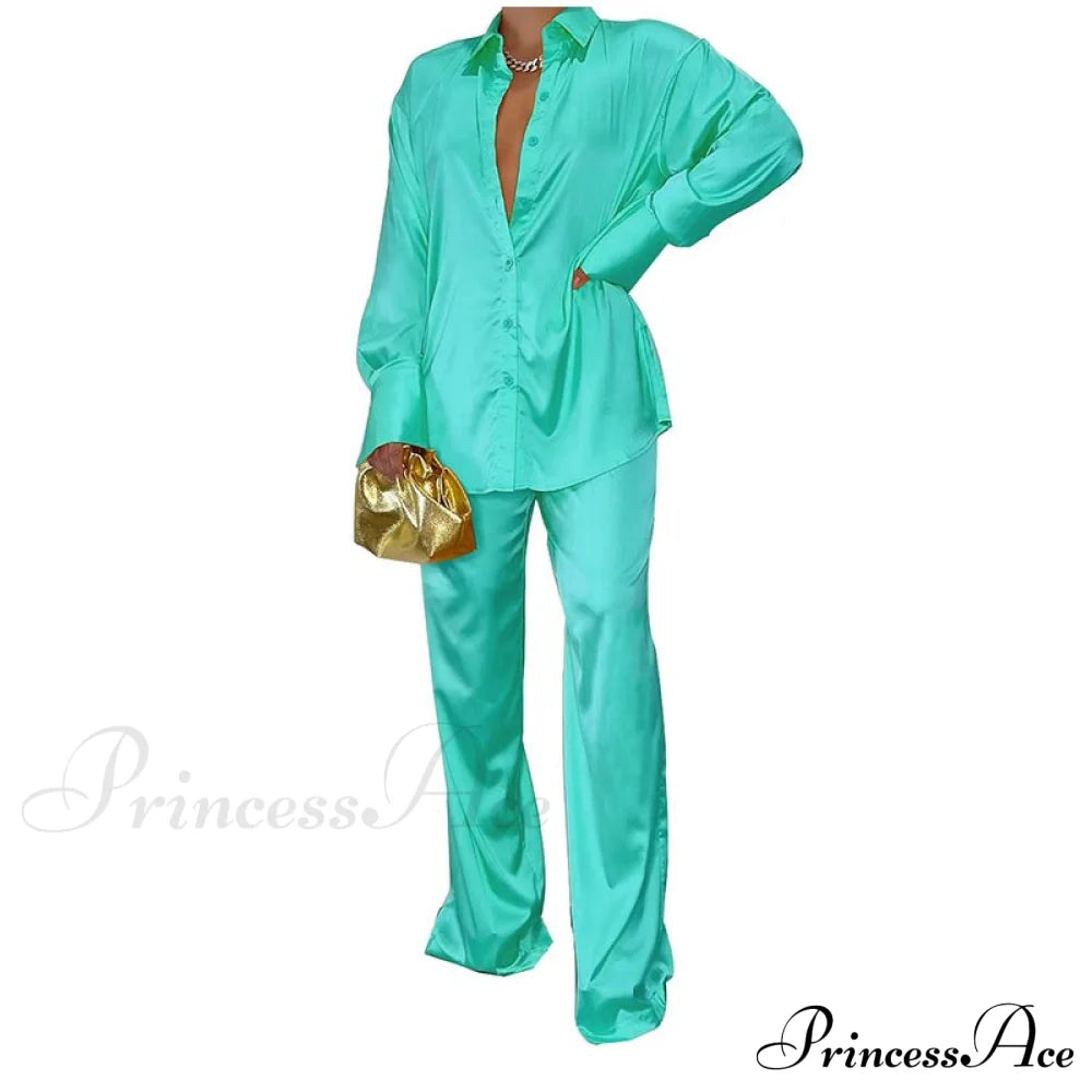Casual - Set Elegant Long And With Outfit Wide Solid Two Piece Arm Blouse Leg Loose Satin Pants