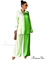 Casual - Set Elegant Long And With Outfit Wide Solid Two Piece Arm Blouse Leg Loose Satin Pants