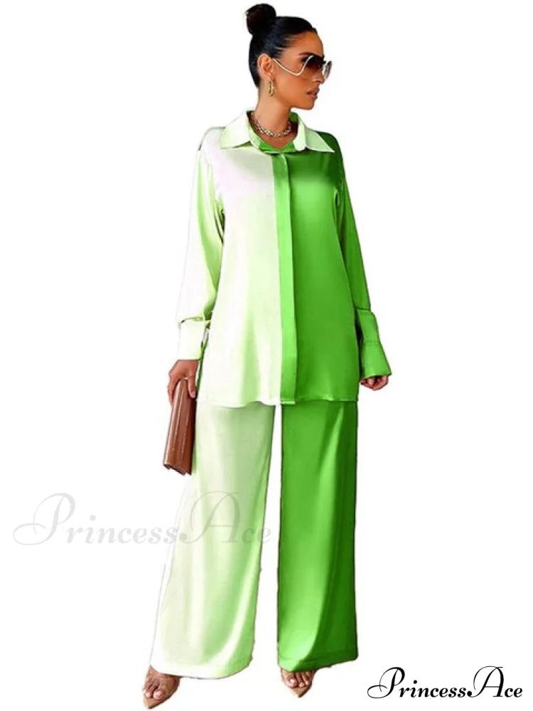 Casual - Set Elegant Long And With Outfit Wide Solid Two Piece Arm Blouse Leg Loose Satin Pants