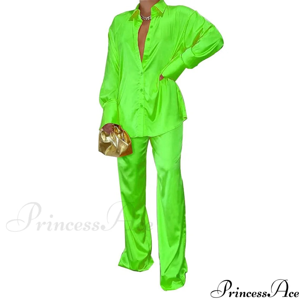 Casual - Set Elegant Long And With Outfit Wide Solid Two Piece Arm Blouse Leg Loose Satin Pants