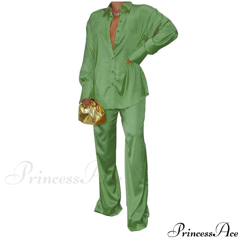 Casual - Set Elegant Long And With Outfit Wide Solid Two Piece Arm Blouse Leg Loose Satin Pants