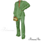Casual - Set Elegant Long And With Outfit Wide Solid Two Piece Arm Blouse Leg Loose Satin Pants