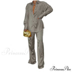 Casual - Set Elegant Long And With Outfit Wide Solid Two Piece Arm Blouse Leg Loose Satin Pants