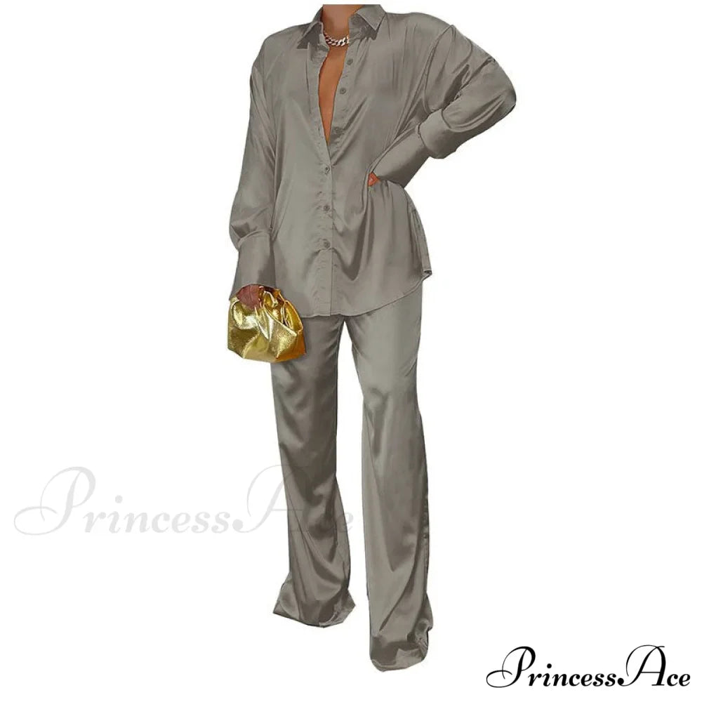 Casual - Set Elegant Long And With Outfit Wide Solid Two Piece Arm Blouse Leg Loose Satin Pants