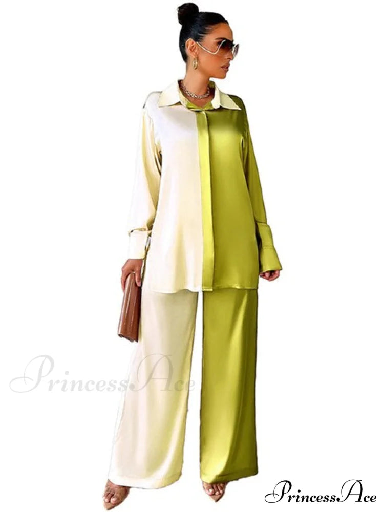 Casual - Set Elegant Long And With Outfit Wide Solid Two Piece Arm Blouse Leg Loose Satin Pants