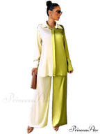 Casual - Set Elegant Long And With Outfit Wide Solid Two Piece Arm Blouse Leg Loose Satin Pants