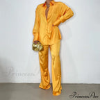 Casual - Set Elegant Long And With Outfit Wide Solid Two Piece Arm Blouse Leg Loose Satin Pants