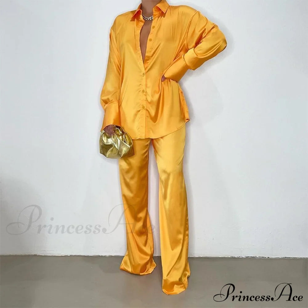 Casual - Set Elegant Long And With Outfit Wide Solid Two Piece Arm Blouse Leg Loose Satin Pants