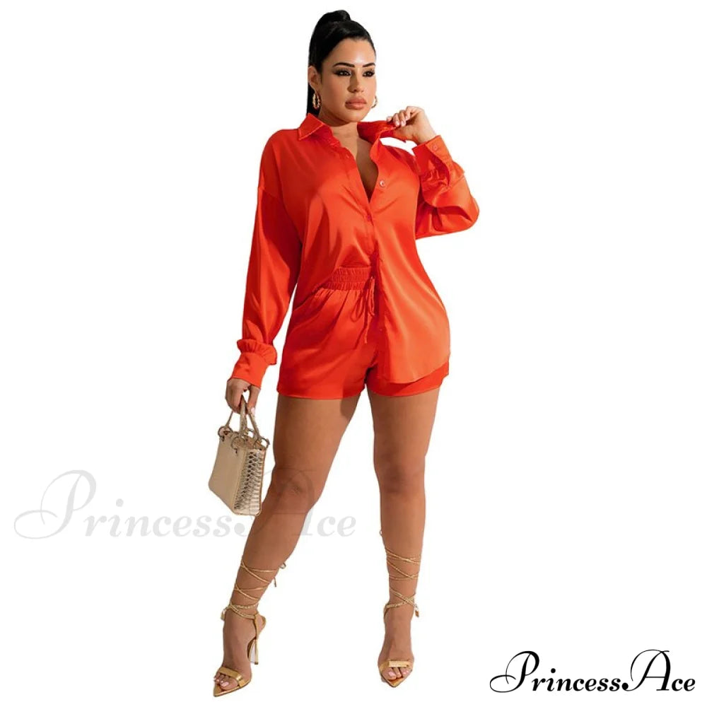 Casual - Set Elegant Long And With Outfit Wide Solid Two Piece Arm Blouse Leg Loose Satin Pants