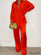 Casual - Set Elegant Long And With Outfit Wide Solid Two Piece Arm Blouse Leg Loose Satin Pants